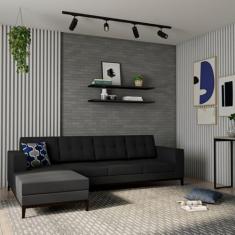 Sofá 4 Lugares Leave com Chaise Esquerdo Pés e Base em Madeira Linho Cotton Grafite