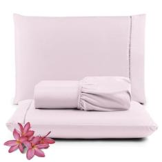 Jogo de Lençol Micropercal 400 Fios Padrão 3 Peças Barato - Rosa - 100