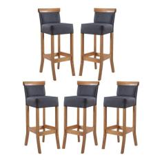 Kit 5 Banquetas Alta em Madeira Diamantina Estofada Linho Cinza L67 RM