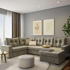 Sofá de Canto 6 Lugares com Chaise Direito Marseille Suede Animale Cinza