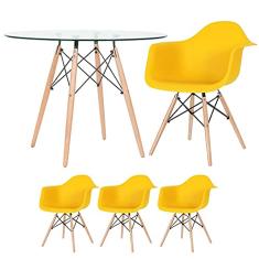 Loft7, Mesa redonda Eames com tampo de vidro 100 cm + 3 cadeiras Eiffel Daw amarelo