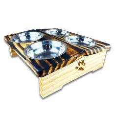 Comedouro P/ Gato Cachorro Pet Elevado 4 Potes Madeira Desenhada - JJV