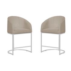 Kit  02 Banco Banqueta Poltrona Mia Base Metal Branca Suede - Fina Mob