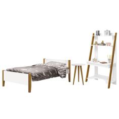 Jogo de Quarto Infantil Simba Estante Escrivaninha, Cama e Mesa de Canto Theo com Pés Amadeirado - Reller Móveis Branco Fosco