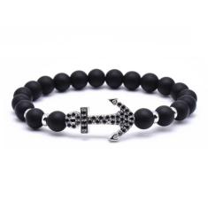 Pulseira Masculina Pedra Ágata Matte Pingente de Âncora