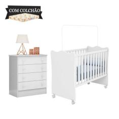Quarto De Bebê Completo Doce Sonho Branco Com Colchão E Rodízios Qmovi
