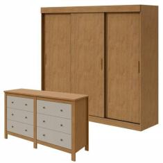 Conjunto de Guarda-Roupa 3 Portas 3 Gavetas Saion Plus e Cômoda 6 Gavetas em Mdp/mdf Maggiore New  Amêndoa Clean/Off White/Amêndoa Clean