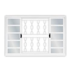 Janela de Aço de Correr 100x200cm 4 Folhas sem Vidro com Grade Elo Minas Sul MGM Branco