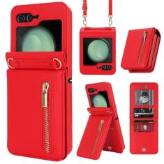 Carteira crossbody com zíper com porta-cartão capa de telefone para Samsung Galaxy Z Flip 6 5 4 3 Flip6 Flip5 Flip4 Flip3 5G capa de couro, vermelha, para Galaxy Z Flip5