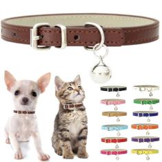 Coleira de gato com sino, coleiras de couro sintético macio para cães pequenos fivela ajustável para PPP XS extra pequeno médio pequeno fêmea machos meninos meninas animais de estimação filhote de