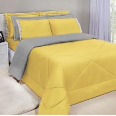 Kit Edredom Dupla Face Ternura Casal Padrão 6 Peças - Amarelo e Cinza 