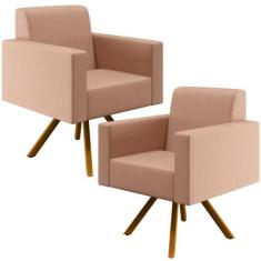 Kit 02 Poltronas Decorativa Base Giratória de Madeira Helô L02 Linho R