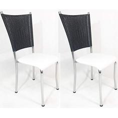 Kit 2 Cadeiras de Cozinha Cromada Fibra Sintética Preta Assento Branco - Poltronas do Sul
