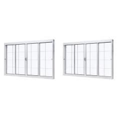 Kit com 2 Janelas de Aço de Correr Central 100x150cm 4 Folhascom Grade Quadriculada e Vidro Liso Branco