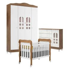 Quarto de Bebê New Selena 4 Portas com Berço Lila e Cômoda Selena Branco Acetinado Amadeirado – Carolina Móveis