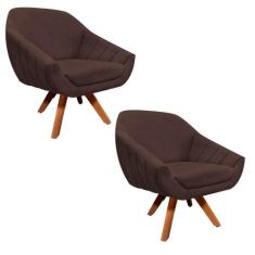 Kit 02 Poltronas Giratória Giovana Suede Marrom Base Madeira Drossi - 
