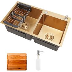 Pingoo.Casa, Kit Cuba para Cozinha com Acessórios e Tábua de Corte, Pia Dupla, Gourmet, Aço Inox 304, Awá, Dourado