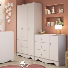 Quarto de Bebê com Cômoda 3 Gavetas e Guarda Roupa 3 Portas Adoletá Espresso Móveis Branco Brilho