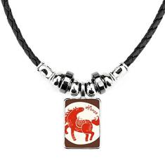 DIYthinker Colar vermelho Year of Horse Animal do Zodíaco da China Joias Torque Pingente de corda de couro