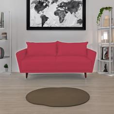Sofá 3 Lugares Veludo Vermelho Pietro Base em Madeira Maciça