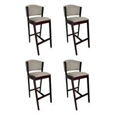 Kit 4 Banquetas Alta De Madeira Maciça Castanho Premium Ana Com Encosto Linho Bege