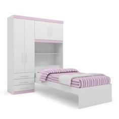 Conjunto Roupeiro Guarda Roupa de Solteiro Com Cama Cabeceira com Baú 