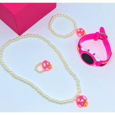 Kit Relógio Infantil Diigital Menina Silicone Desenho 3D Urso Florzinha + Conjunto Colar Pulseira Anél Miçangas Perolas