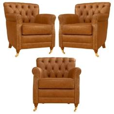 Kit 03 Poltronas Decorativas Sala de Estar Níger Pés Príncipe Couro Me