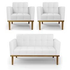 Sofá Namoradeira E 2 Poltronas Base Madeira Castanho Elisa Corino D03 - D'rossi Cor Branco