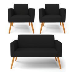 Sofá Namoradeira Com 2 Poltronas Pés Palito Castanho Marisa Linho Preto A79 D03 - D'rossi