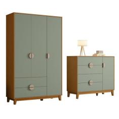 Kit Guarda Roupa Ipê com Comoda Ipê com Pés Madeira Maciça Cinamomo/salvia