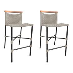 Kit 2 Banquetas Em Corda Náutica Base Em Alumínio Preta Com Detalhe Em Madeira Areia Bege