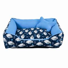 Cama para Cachorro Médio 60X50 Com Zíper Estampa Ossinho Cachorro Azul