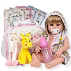 Boneca Tipo Reborn Loira Recém Nascida Roupão Girafa Itens - Cegonha R