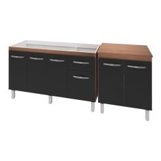 Armário Cozinha Gabinete Pia De 140 Cm Camile C/ Balcão Multiuso Micro-Ondas Savana Frente Preta