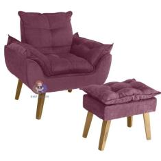 Poltrona/Cadeira Decorativa E Puff Glamour Vinho Com Pés Quadrado - Sm