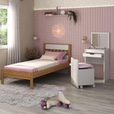 Cama de Solteiro para Colchão 88 x 188 cm com Penteadeira 54cm e Puff 