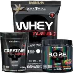 WheyProtein + Creatina Monohidratada + Pré-Treino - Kit Whey Protein Concentrado + Creatina Monohidratada Turbo 150g + Pré-Treino B.O.P.E 150g - Black Skull (Whey Turbo Baunilha - B.O.P.E Frutas Vermelhas)