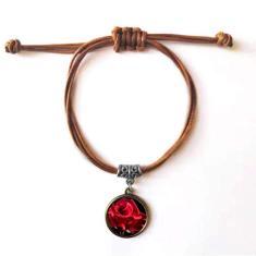 DIYthinker Pulseira de couro com rosas vermelhas escuras, pulseira marrom para presente