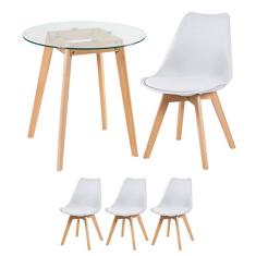 Loft7, KIT - Mesa de vidro Leda 70 cm + 3 cadeiras estofadas Leda branco