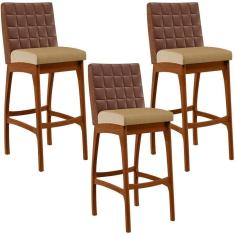 Kit 03 Banquetas Altas Mila Marrom Linho Bege Escuro