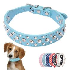 Coleira de cachorro azul claro com strass para cães pequenos, coleira de cachorro com diamante brilhante, couro sintético, purpurina, joia bonita, coleiras para gatos para meninas e gatos, PPP
