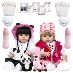 Boneca Reborn Gêmeas 100% Silicone Panda Girafa Pode Banho - Cegonha R