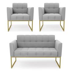Kit 1 Sofá Namoradeira e 2 Poltronas Elisa Suede Cinza Base Metálica Industrial Dourado D03 - D'Rossi