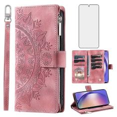 Asuwish Capa de telefone para Samsung Galaxy A54 5G capa carteira com protetor de tela de vidro temperado e alça de pulso Mandala flor flip zíper suporte para cartão celular A 54 54A SM A546U 2023