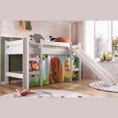 Cama Infantil Escorregador Alta Elevada Cortina Zoo Animais Quarto Playground Branco
