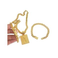 Cordão Banhado Ouro 18K Friso Duplo 8Mm Pulseira E Pingente - Mk Jóias