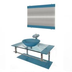 Gabinete de Vidro 90cm Inox com Cuba Redonda Azul