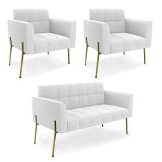 Namoradeira e 2 Poltronas Pé de Ferro Dourado Elisa Bouclê Off Wte D03 - D`Rossi