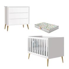 Berço Americano e Cômoda Gaveteiro Theo Branco Pés Madeira Natural com Colchão Gazin – Reller